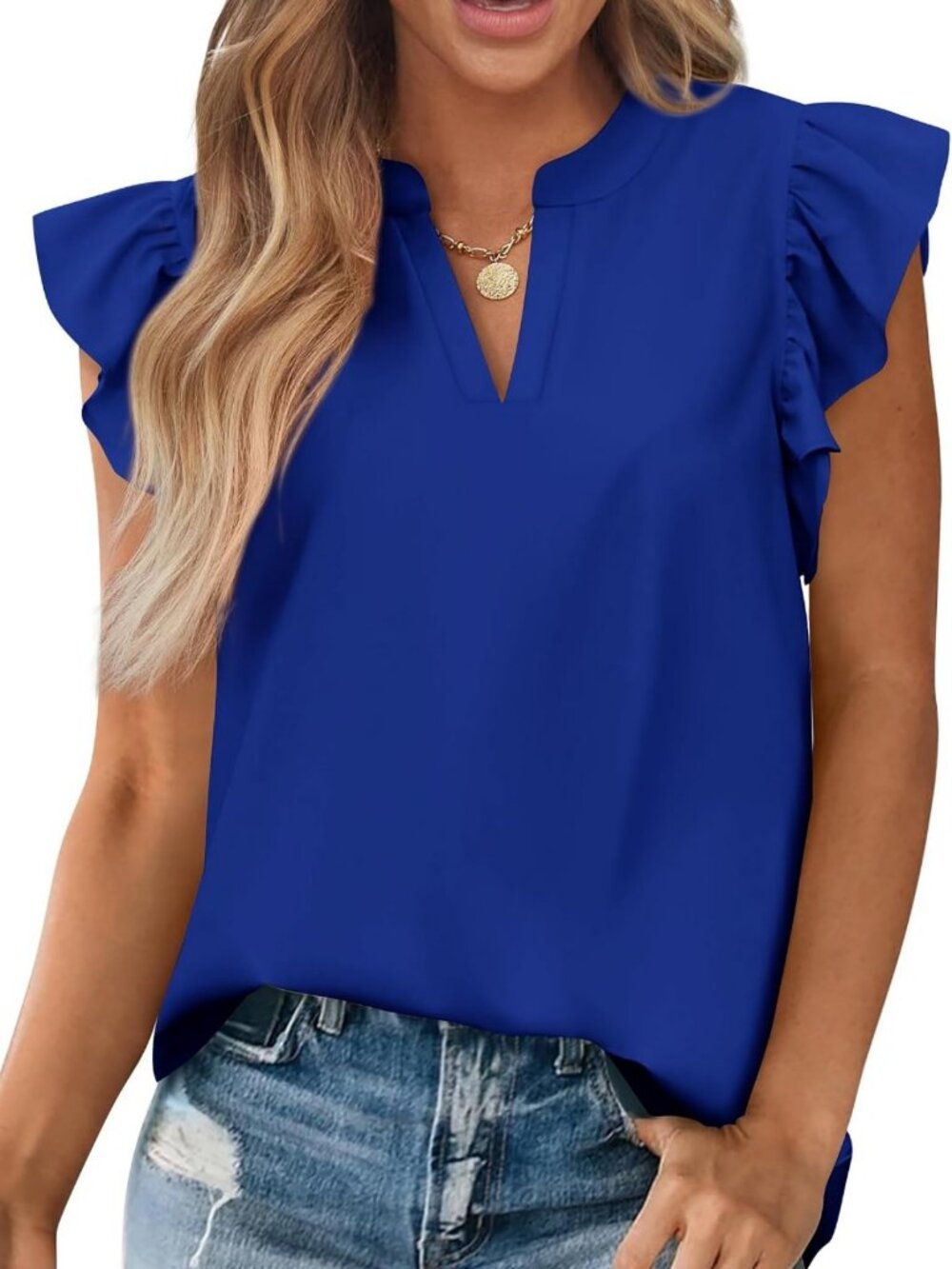 Stylish Women's Summer V-Neck Ruffle Cap Sleeve Blouse - Casual Solid Tunic Top